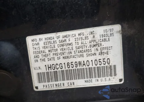 1998 Honda Accord Ex V6 из США, поврежденный, VIN 1HGCG1659WA010550